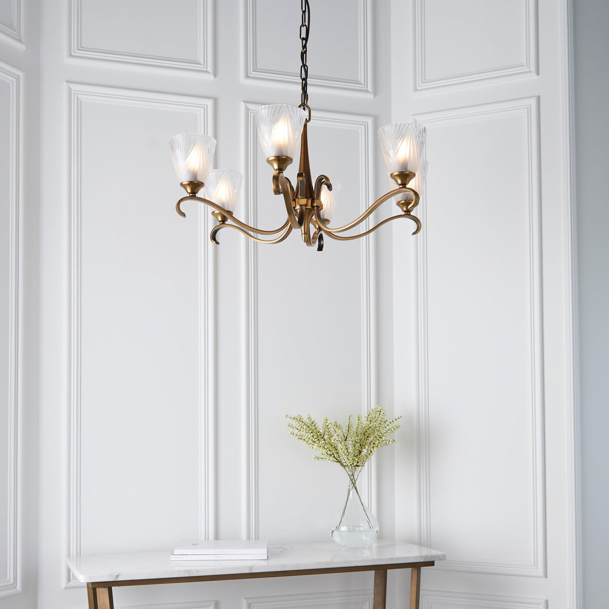 Columbia Six Light Pendant In Antique Brass With Glass Shades