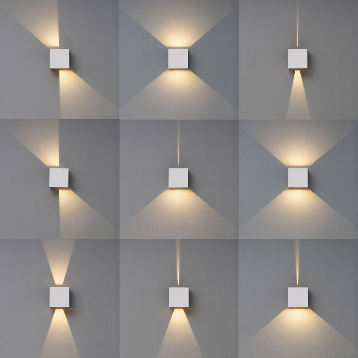Nine images demonstrating various light patterns from a square wall light.