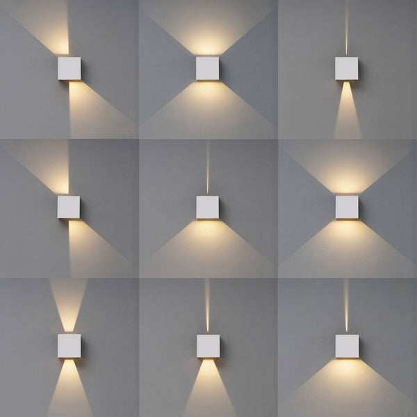 Nine images demonstrating various light patterns from a square wall light.