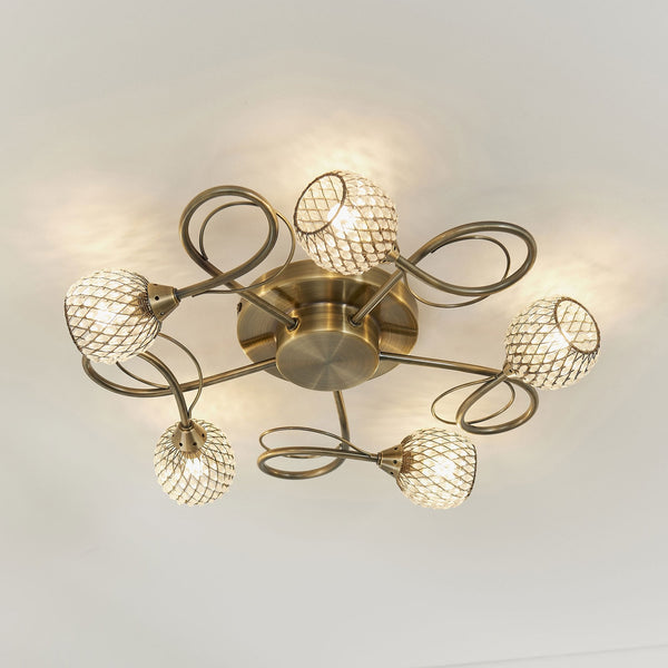Aherne Five Arm Semi Flush Ceiling Light in Antique Brass