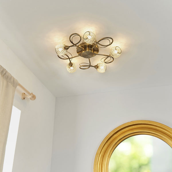 Aherne Five Arm Semi Flush Ceiling Light in Antique Brass