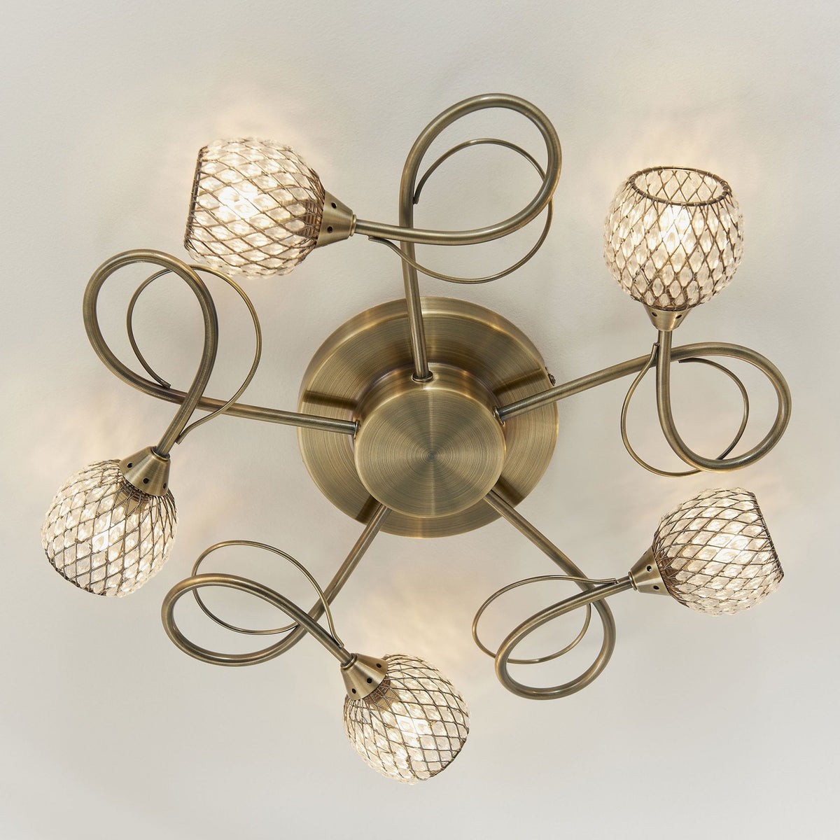 Aherne Five Arm Semi Flush Ceiling Light in Antique Brass