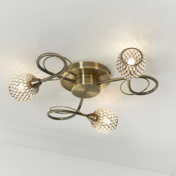 Aherne Three Arm Semi Flush Ceiling Light in Antique Brass