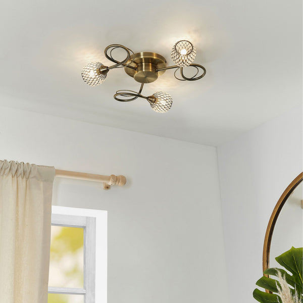 Aherne Three Arm Semi Flush Ceiling Light in Antique Brass