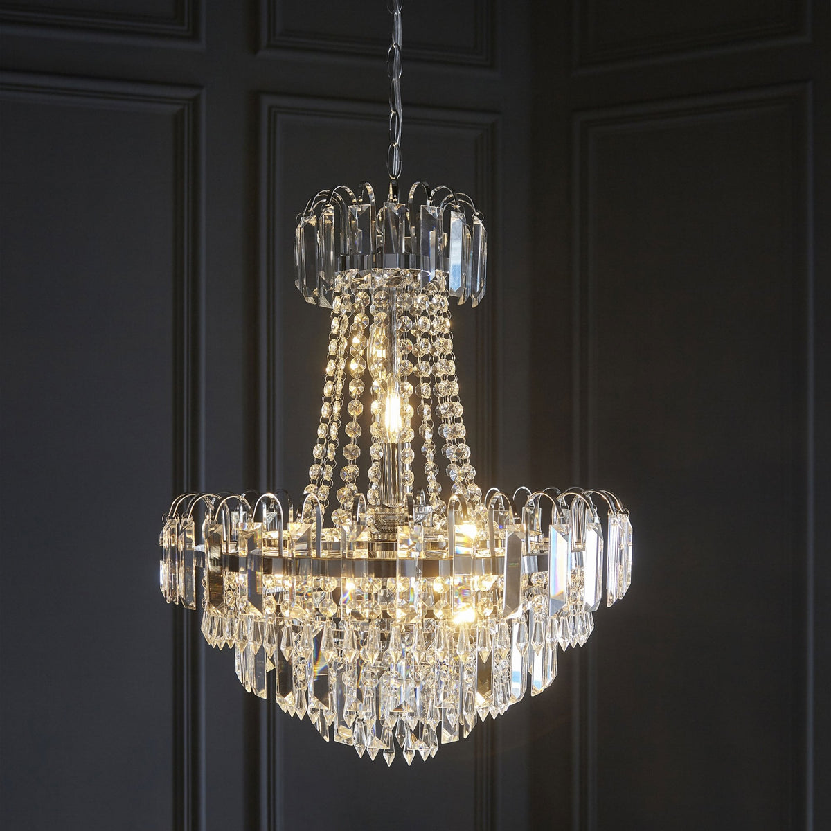 Amadis Six Light Chandelier in Chrome with Clear Glass Droplets and Beads
