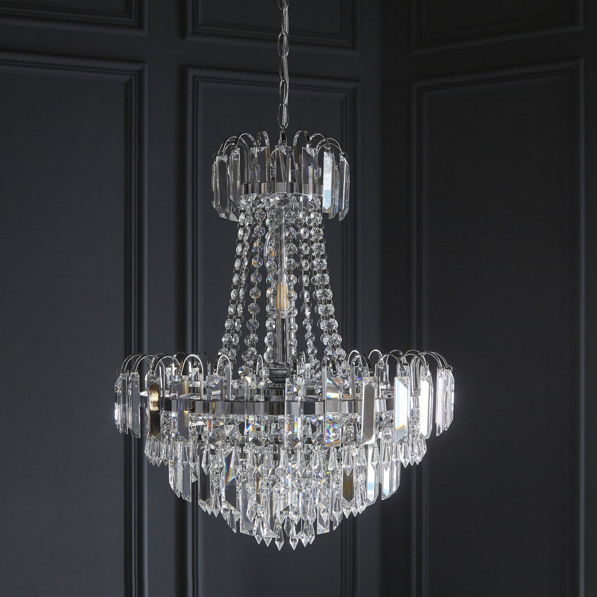 Amadis Six Light Chandelier in Chrome with Clear Glass Droplets and Beads