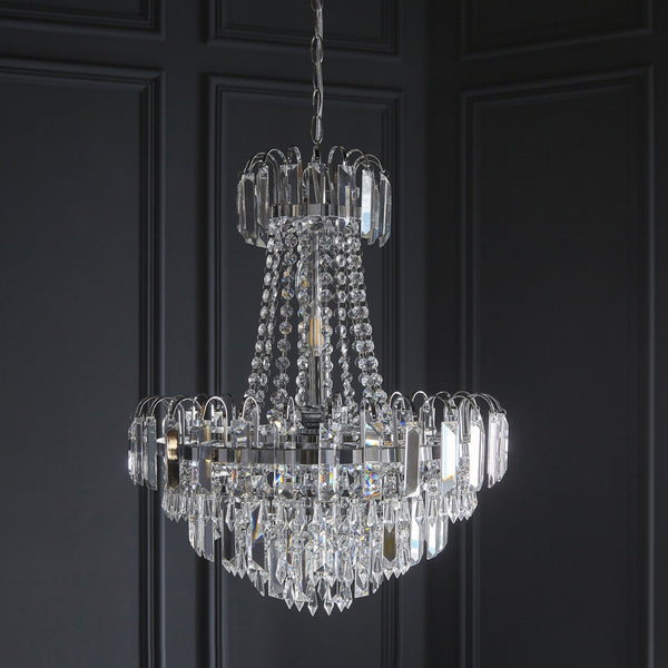Amadis Six Light Chandelier in Chrome with Clear Glass Droplets and Beads