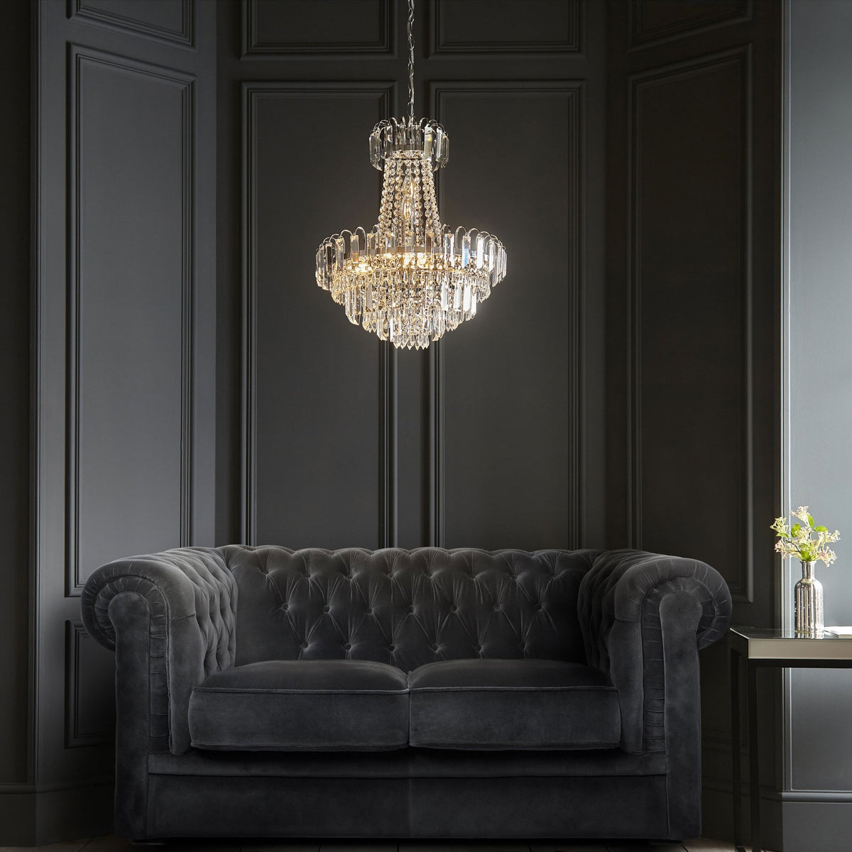 Amadis Six Light Chandelier in Chrome with Clear Glass Droplets and Beads