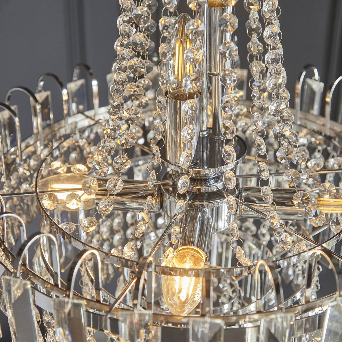 Amadis Six Light Chandelier in Chrome with Clear Glass Droplets and Beads