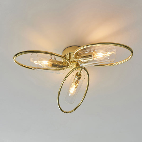 Amari Three Light Semi Flush in Polished Brass with Clear Glass Shades