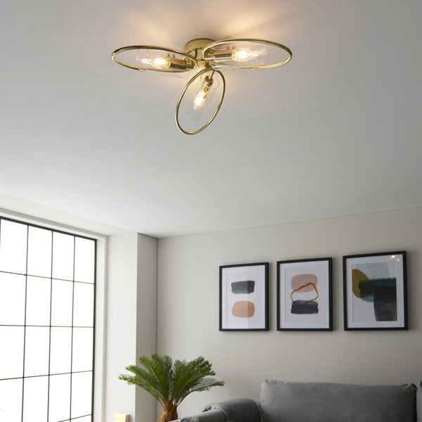 Amari Three Light Semi Flush in Polished Brass with Clear Glass Shades