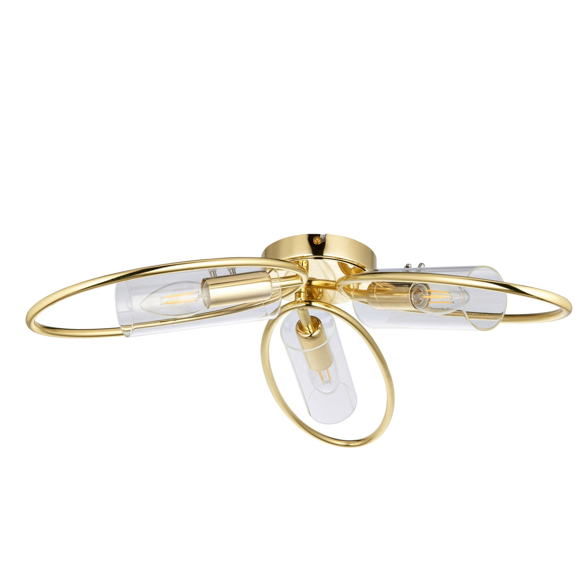 Amari Three Light Semi Flush in Polished Brass with Clear Glass Shades