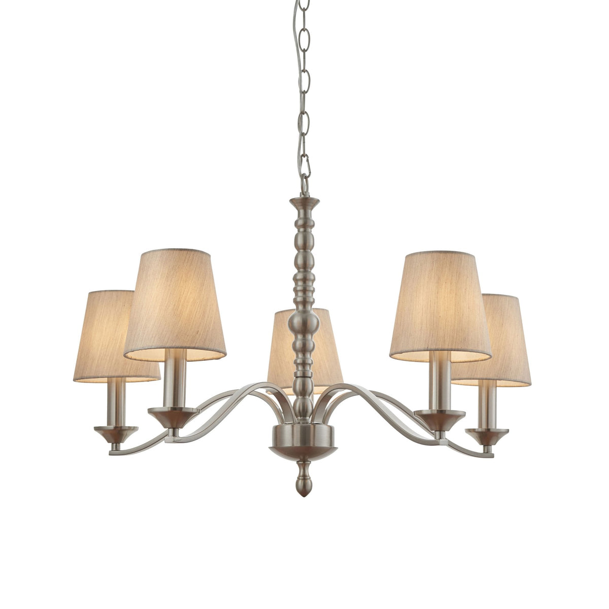 Astaire Five Arm Pendant in Satin Nickel with Natural Cotton Mix Fabric Shades