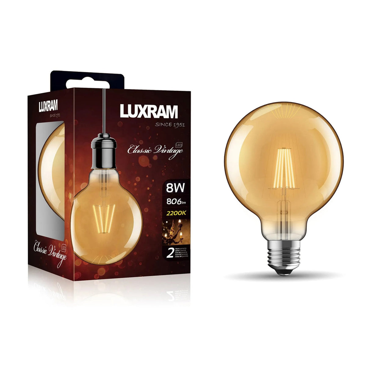 A vintage style Luxram LED filament bulb and its packaging.