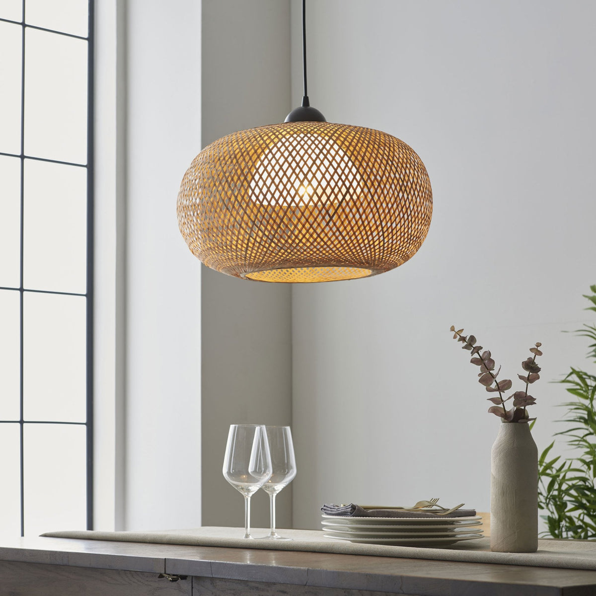 Bali Single Pendant Natural Bamboo Woven Shade with White Inner Diffuser