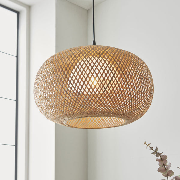 Bali Single Pendant Natural Bamboo Woven Shade with White Inner Diffuser