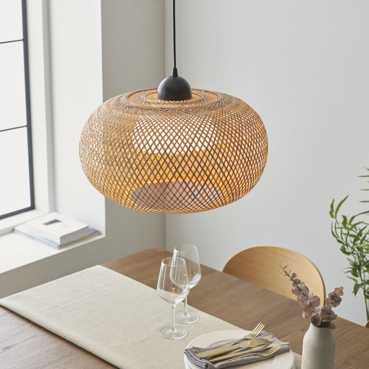 Bali Single Pendant Natural Bamboo Woven Shade with White Inner Diffuser