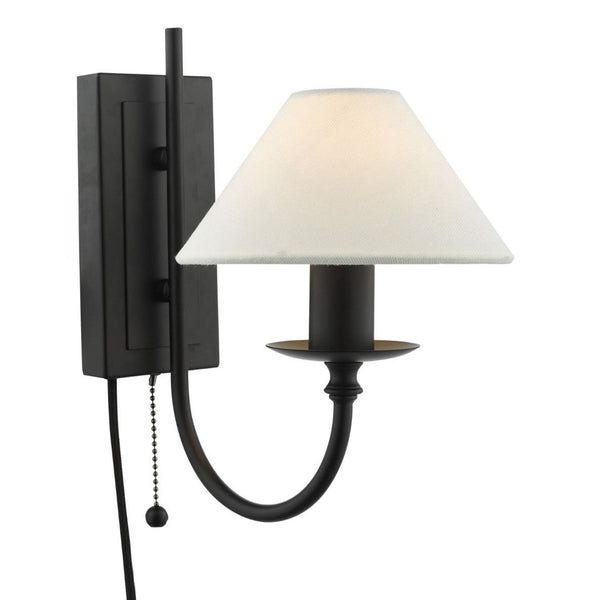 Sivan Switched Plug In Wall Light In Matt Black With White Linen Shade