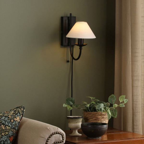 Sivan Switched Plug In Wall Light In Matt Black With White Linen Shade