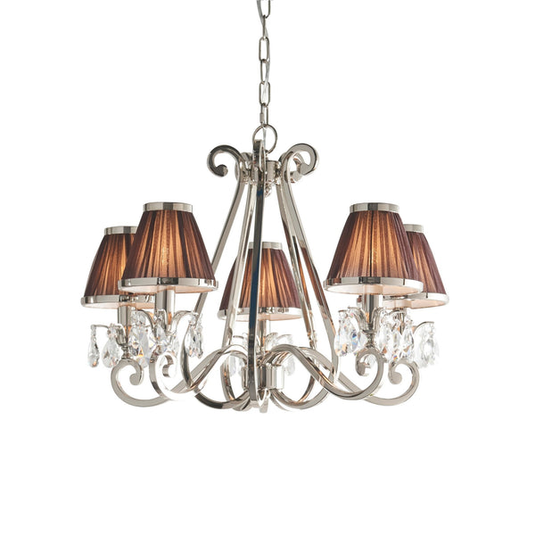 Oksana Five Light Pendant In Polished Nickel With Chocolate Fabric Shades