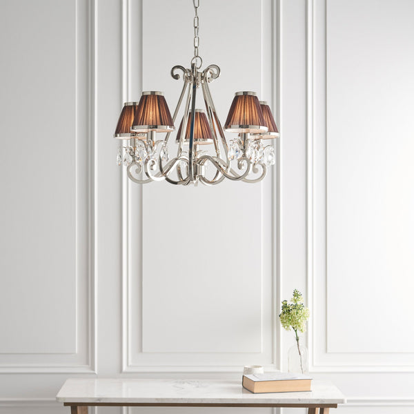 Oksana Five Light Pendant In Polished Nickel With Chocolate Fabric Shades