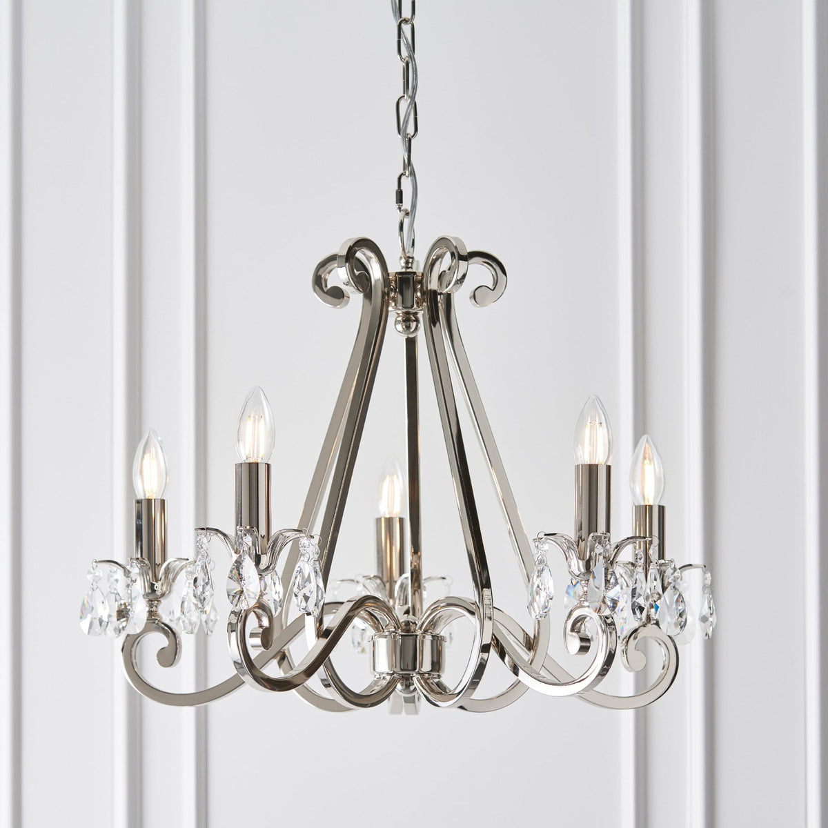 Oksana Five Light Pendant In Polished Nickel With Chocolate Fabric Shades