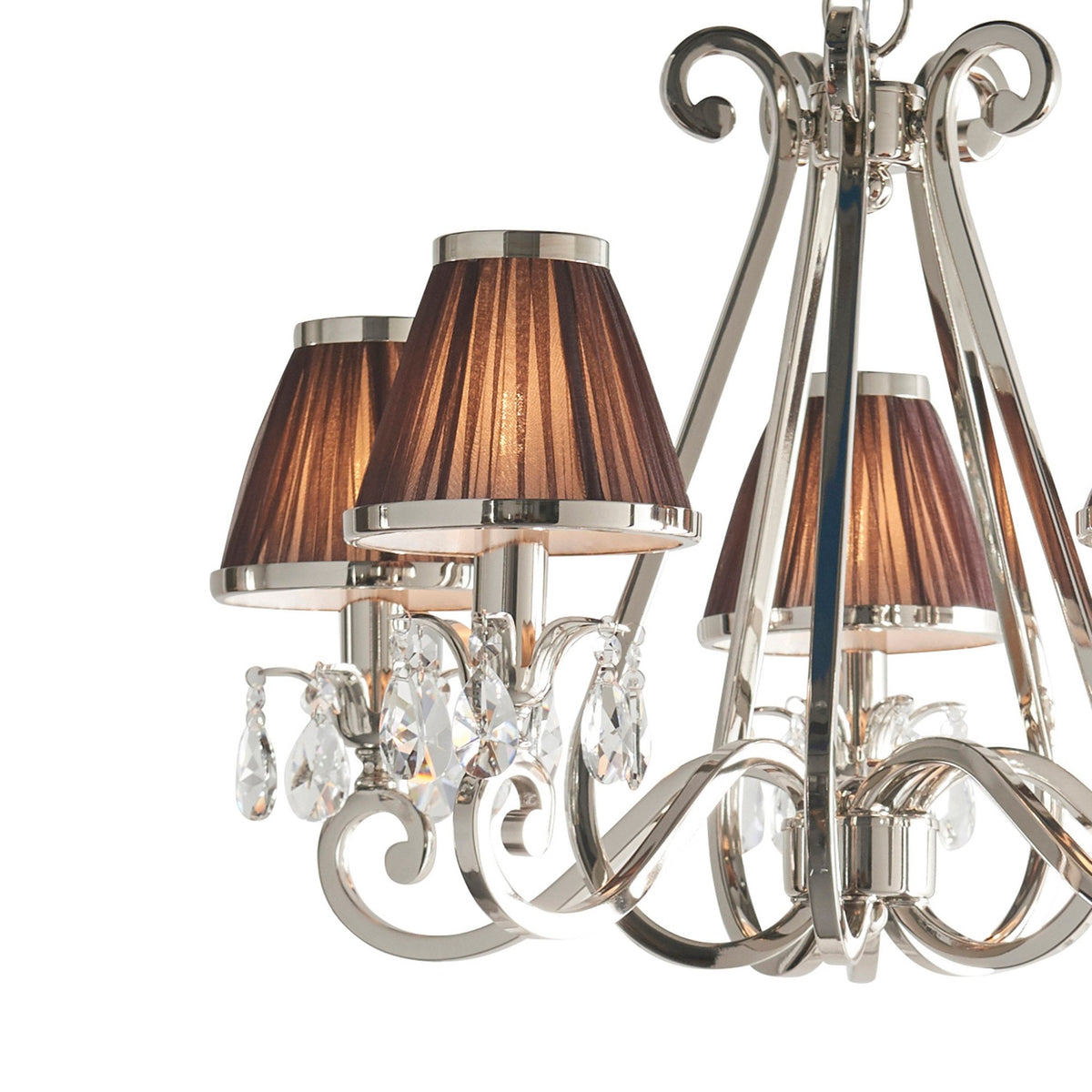 Oksana Five Light Pendant In Polished Nickel With Chocolate Fabric Shades