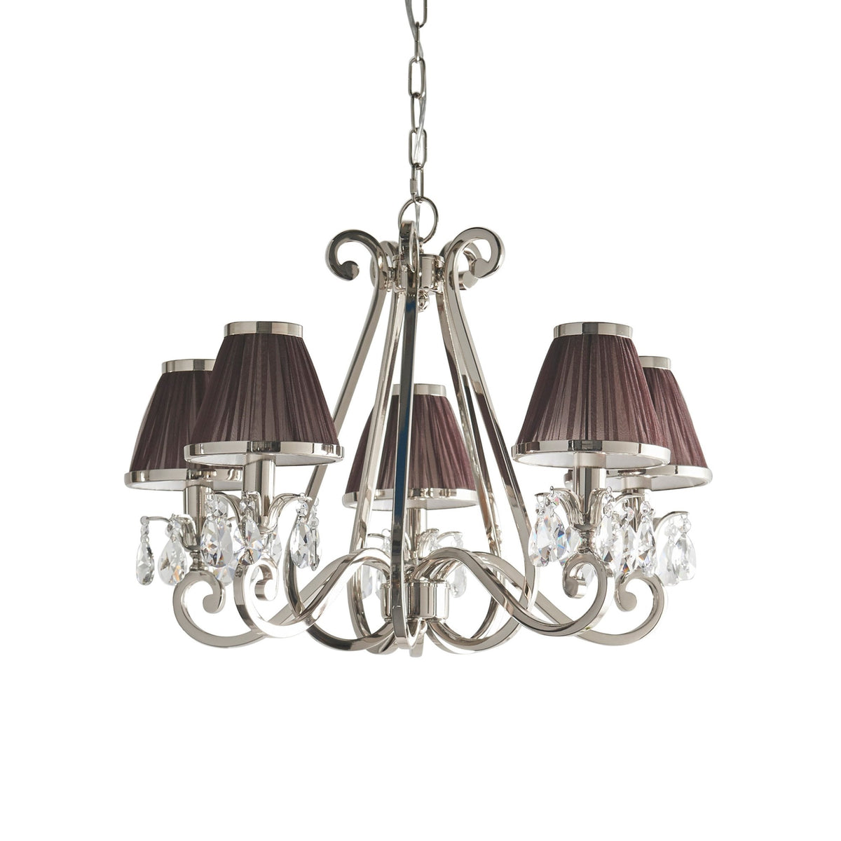 Oksana Five Light Pendant In Polished Nickel With Chocolate Fabric Shades