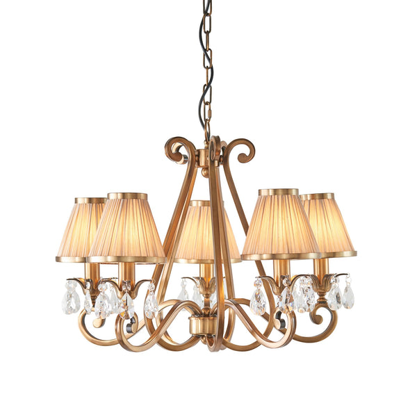 Oksana Five Light Pendant In Antique Brass With Beige Fabric Shades