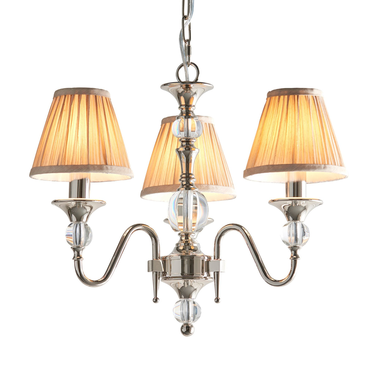 Polina Three Light Pendant In Polished Nickel With Beige Fabric Shades