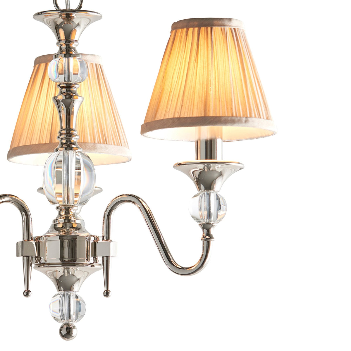 Polina Three Light Pendant In Polished Nickel With Beige Fabric Shades