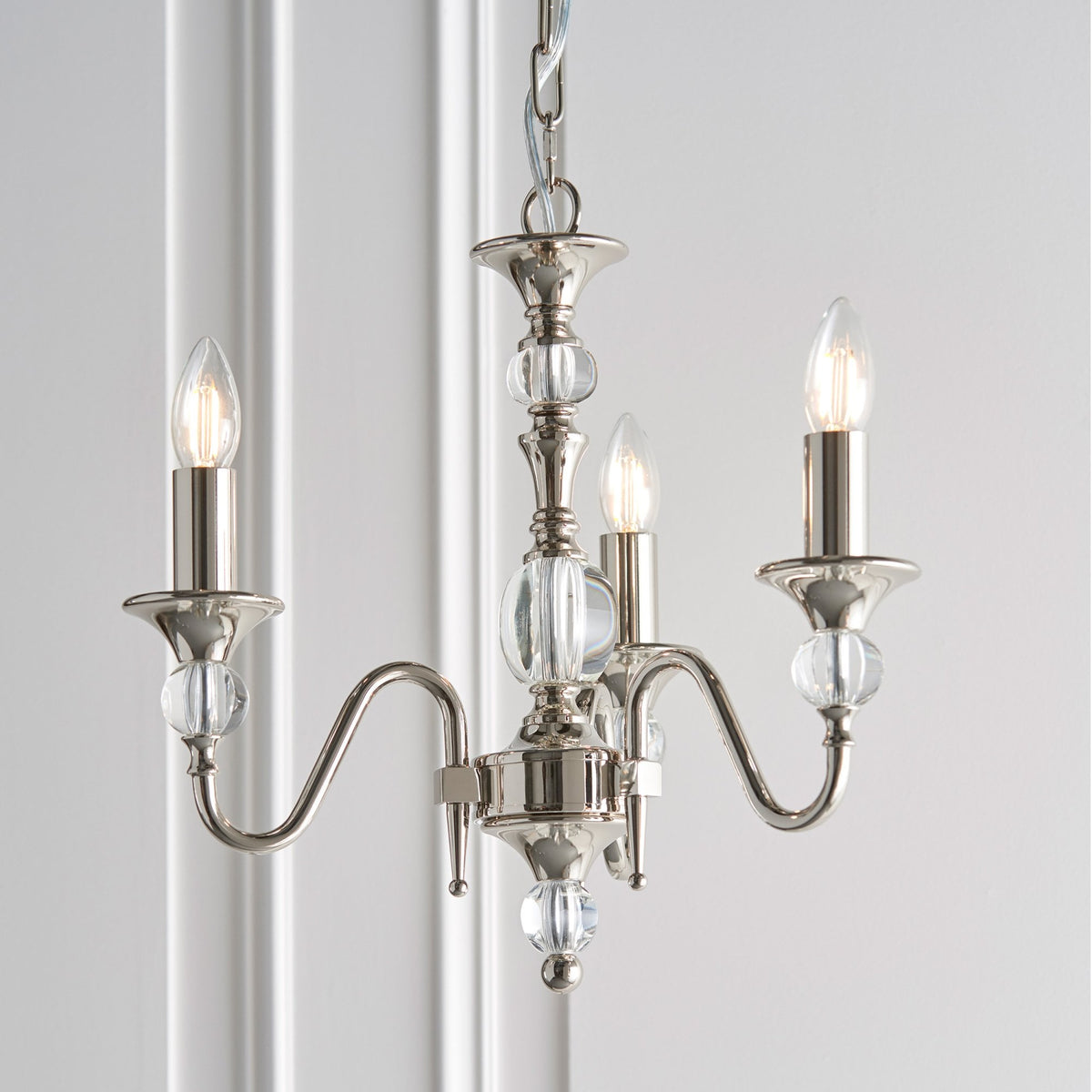 Polina Three Light Pendant In Polished Nickel With Beige Fabric Shades