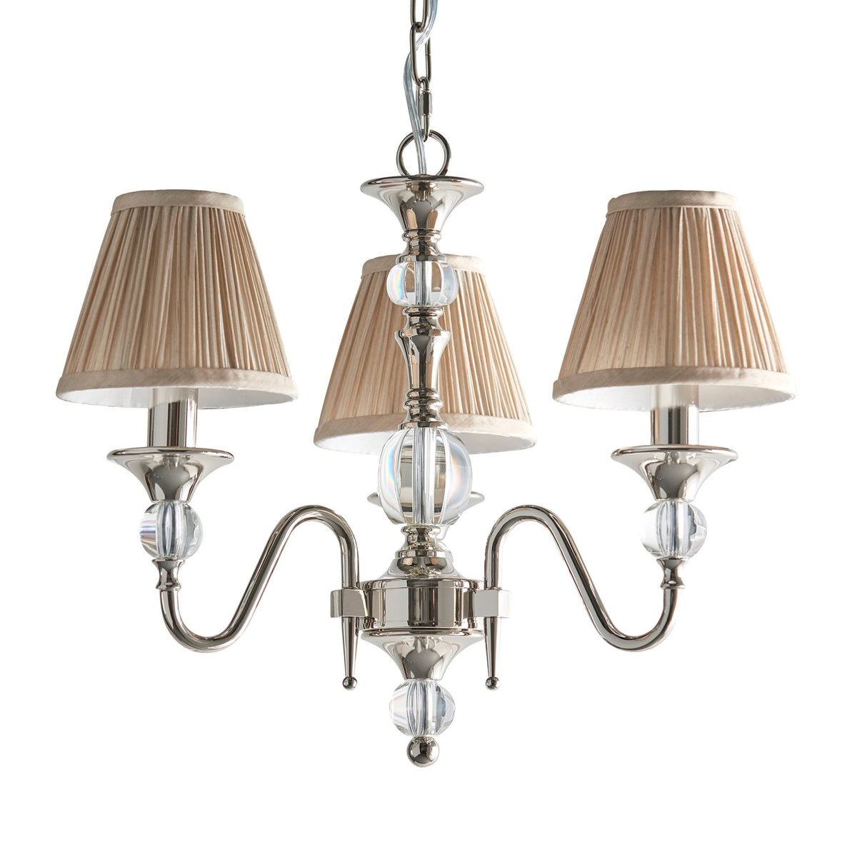 Polina Three Light Pendant In Polished Nickel With Beige Fabric Shades