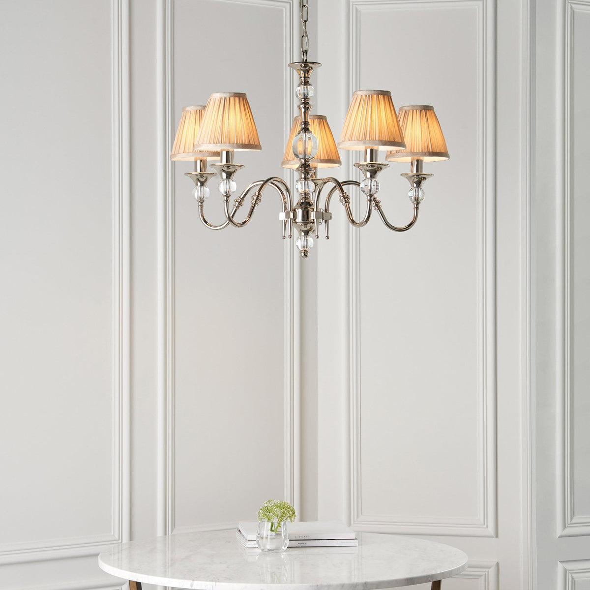 Polina Five Light Pendant In Polished Nickel With Beige Fabric Shades