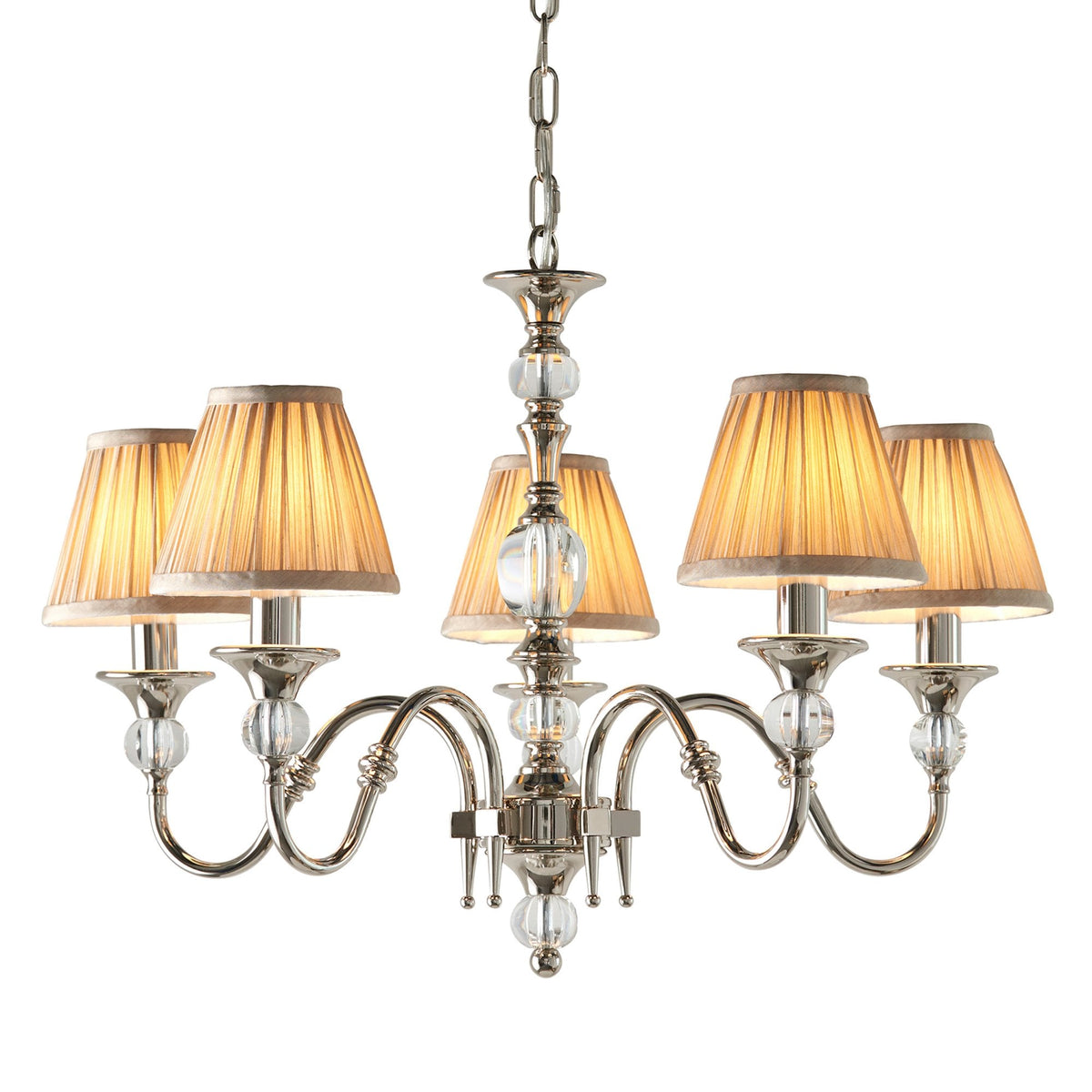 Polina Five Light Pendant In Polished Nickel With Beige Fabric Shades