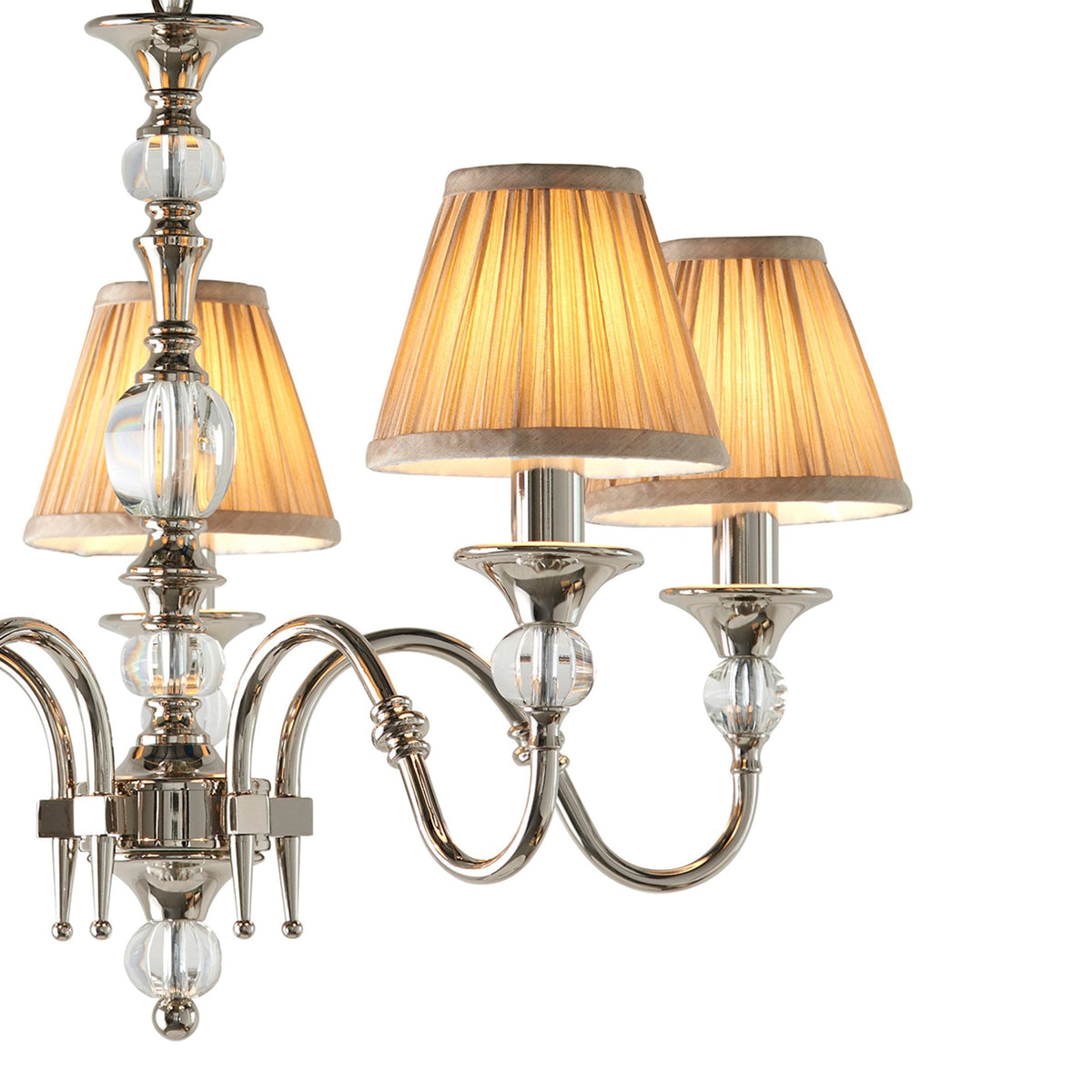 Polina Five Light Pendant In Polished Nickel With Beige Fabric Shades