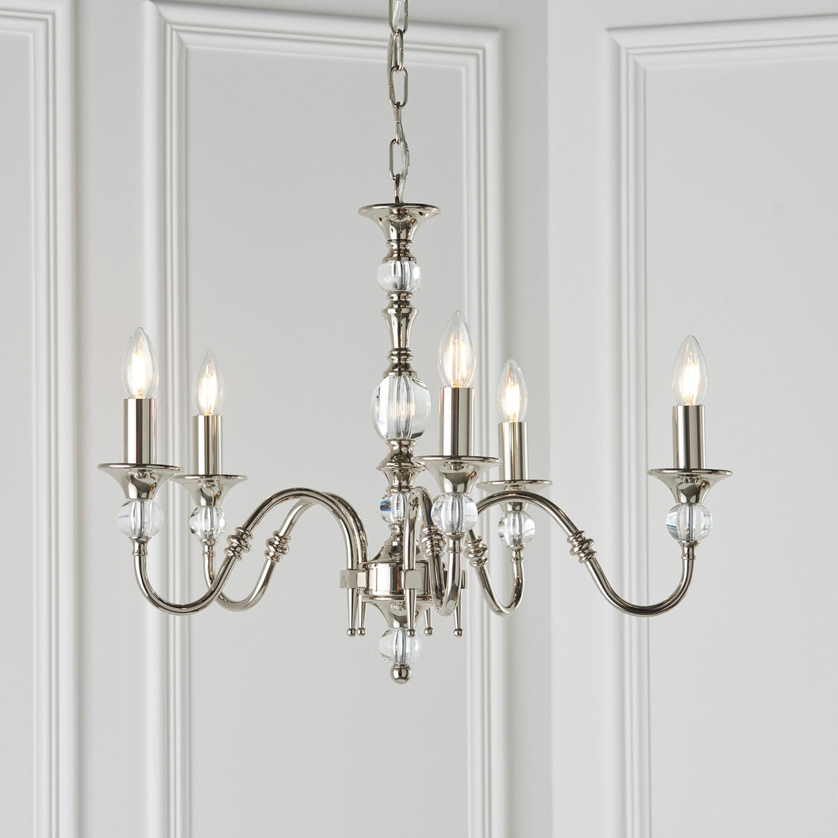 Polina Five Light Pendant In Polished Nickel With Beige Fabric Shades