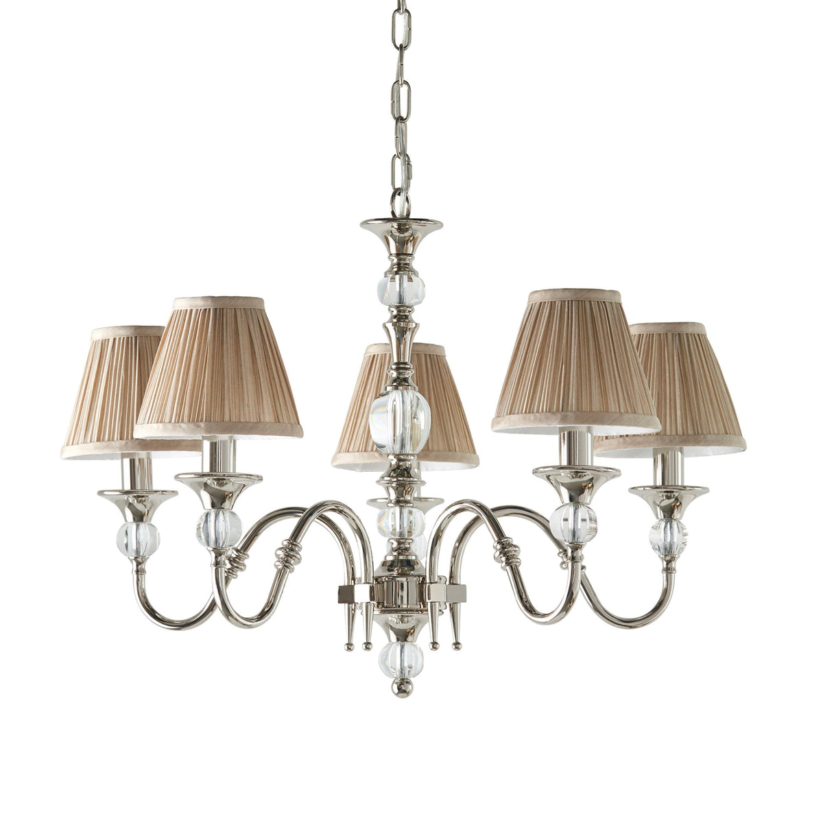 Polina Five Light Pendant In Polished Nickel With Beige Fabric Shades