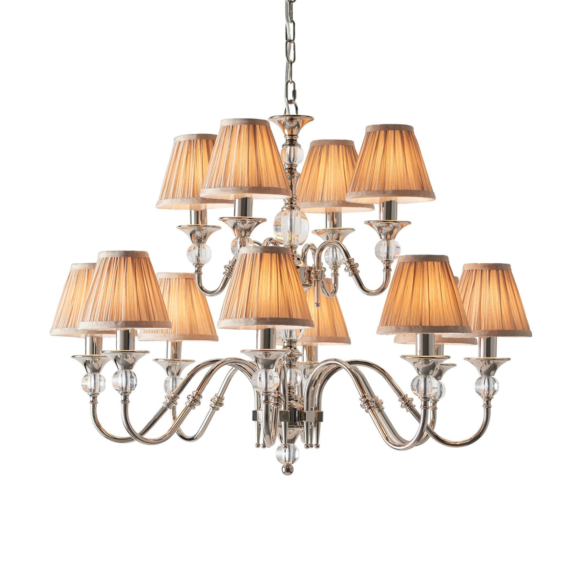 Polina Twelve Light Pendant In Polished Nickel With Beige Fabric Shades
