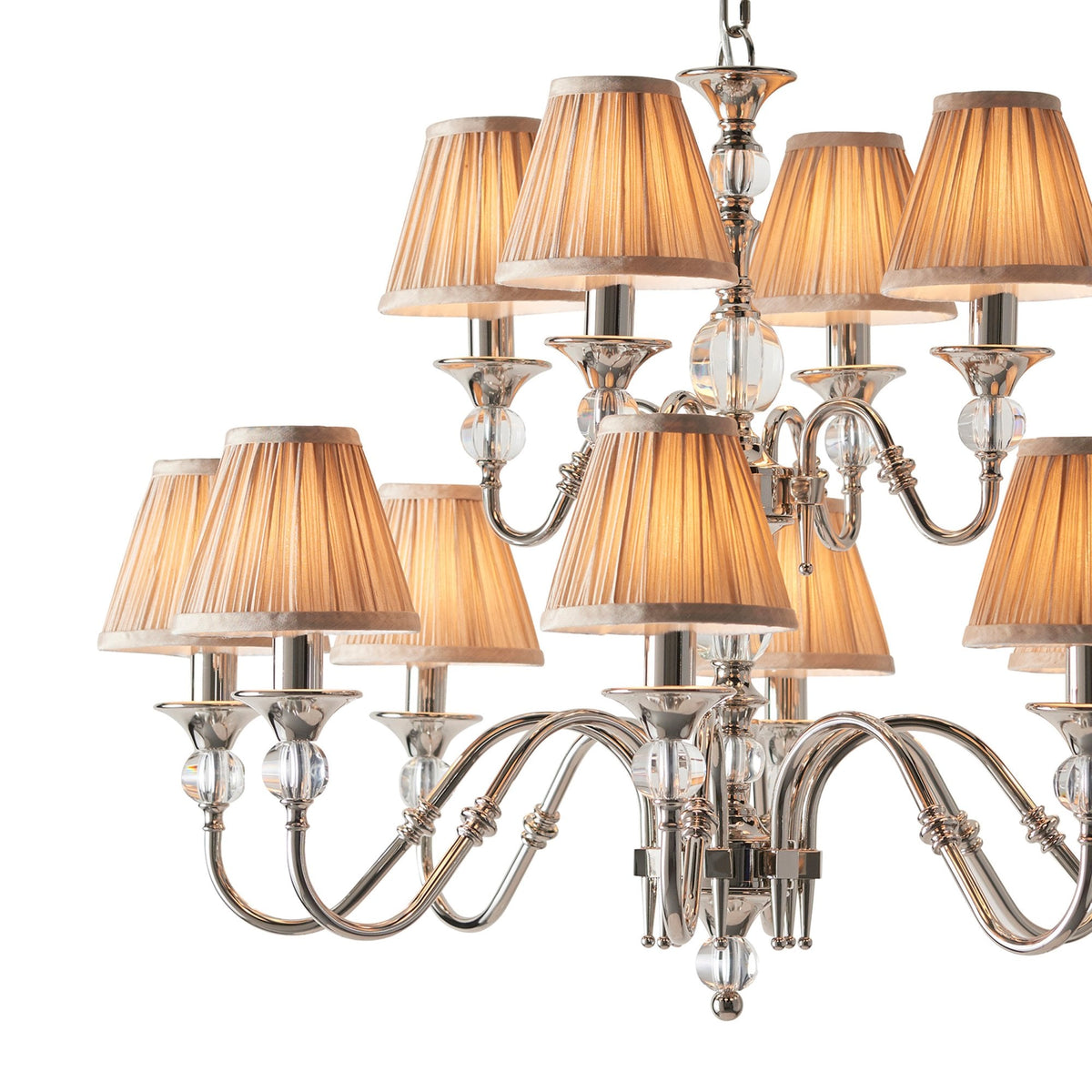 Polina Twelve Light Pendant In Polished Nickel With Beige Fabric Shades