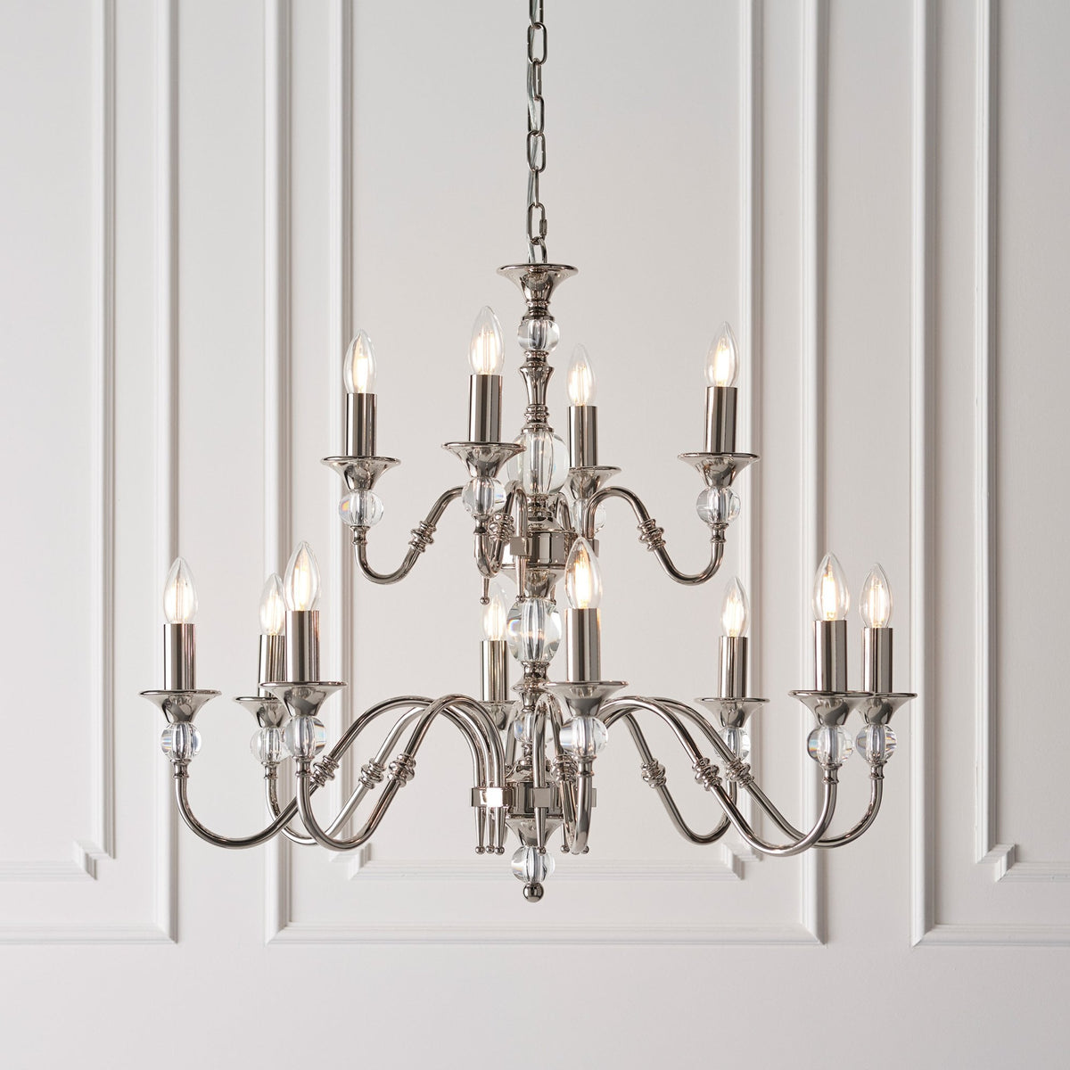 Polina Twelve Light Pendant In Polished Nickel With Beige Fabric Shades