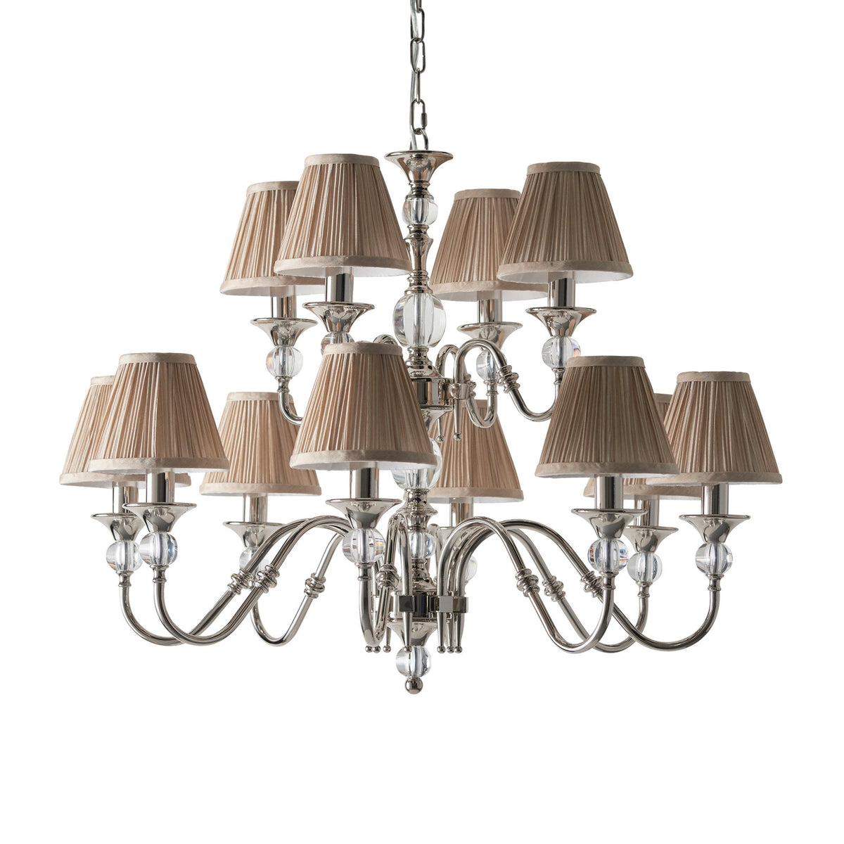 Polina Twelve Light Pendant In Polished Nickel With Beige Fabric Shades