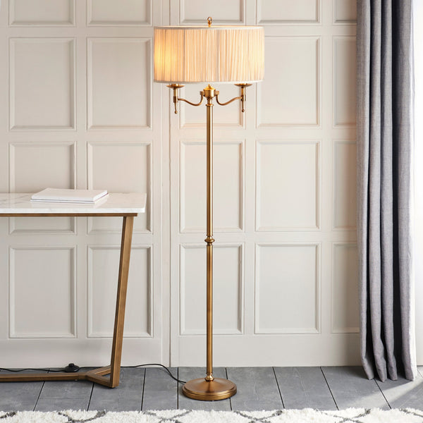 Stanford Floor Lamp In Antique Brass With Beige Fabric Shade