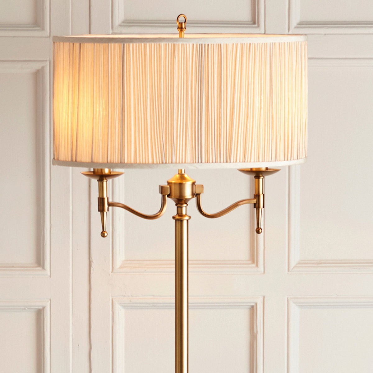 Stanford Floor Lamp In Antique Brass With Beige Fabric Shade