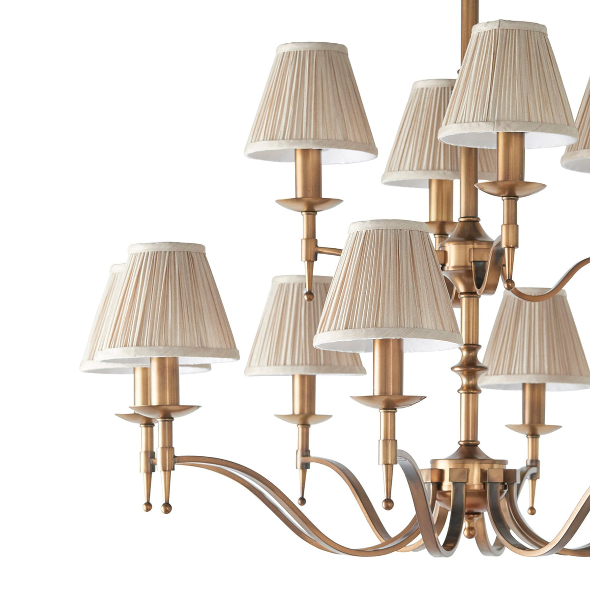 Stanford Twelve Light Pendant In Antique Brass With Beige Fabric Shades