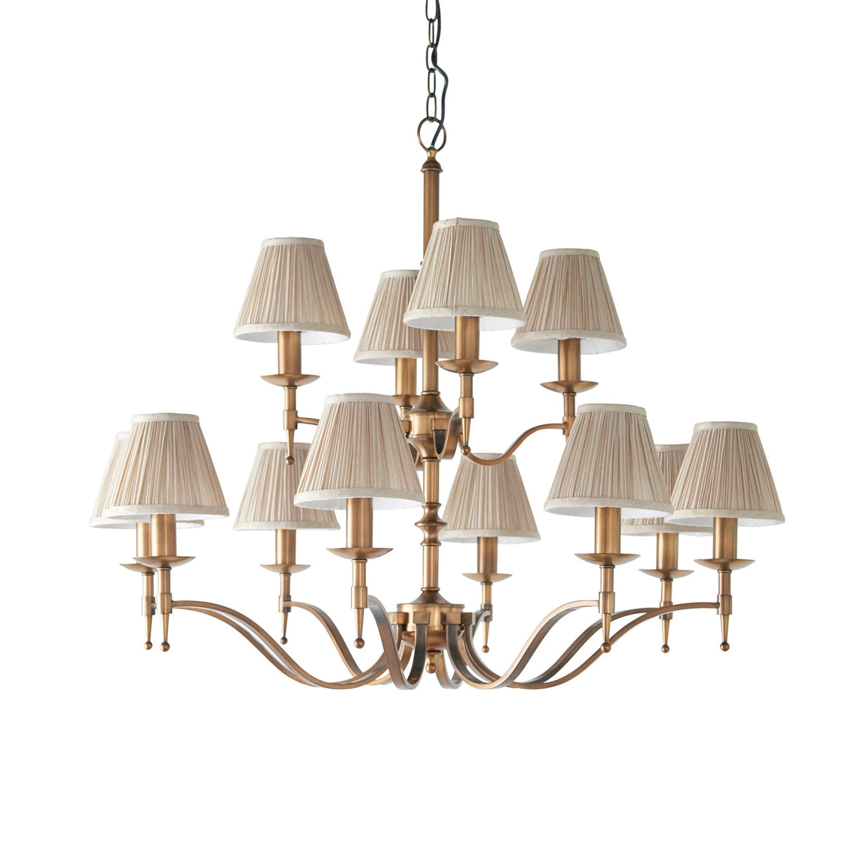 Stanford Twelve Light Pendant In Antique Brass With Beige Fabric Shades