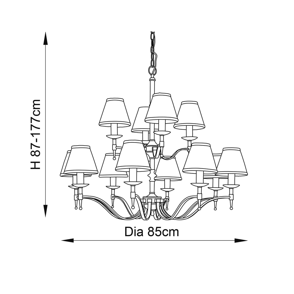 Stanford Twelve Light Pendant In Antique Brass With Beige Fabric Shades