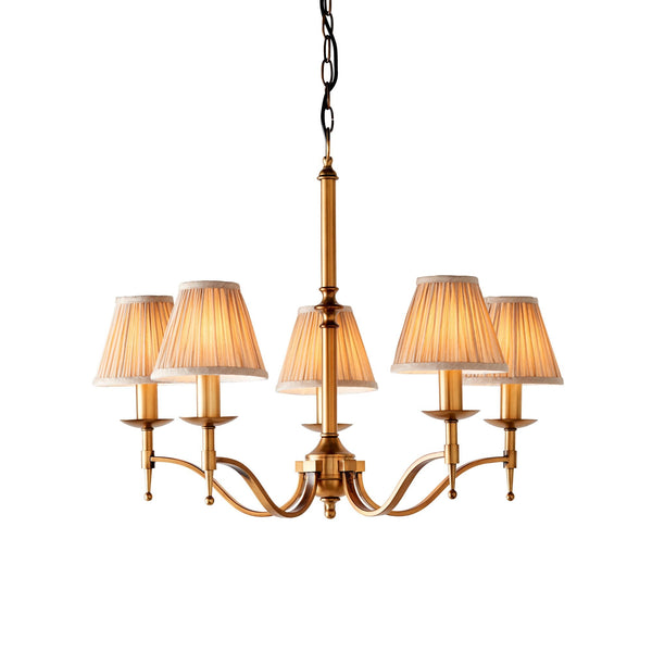 Stanford Five Light Pendant In Antique Brass With Beige Fabric Shades