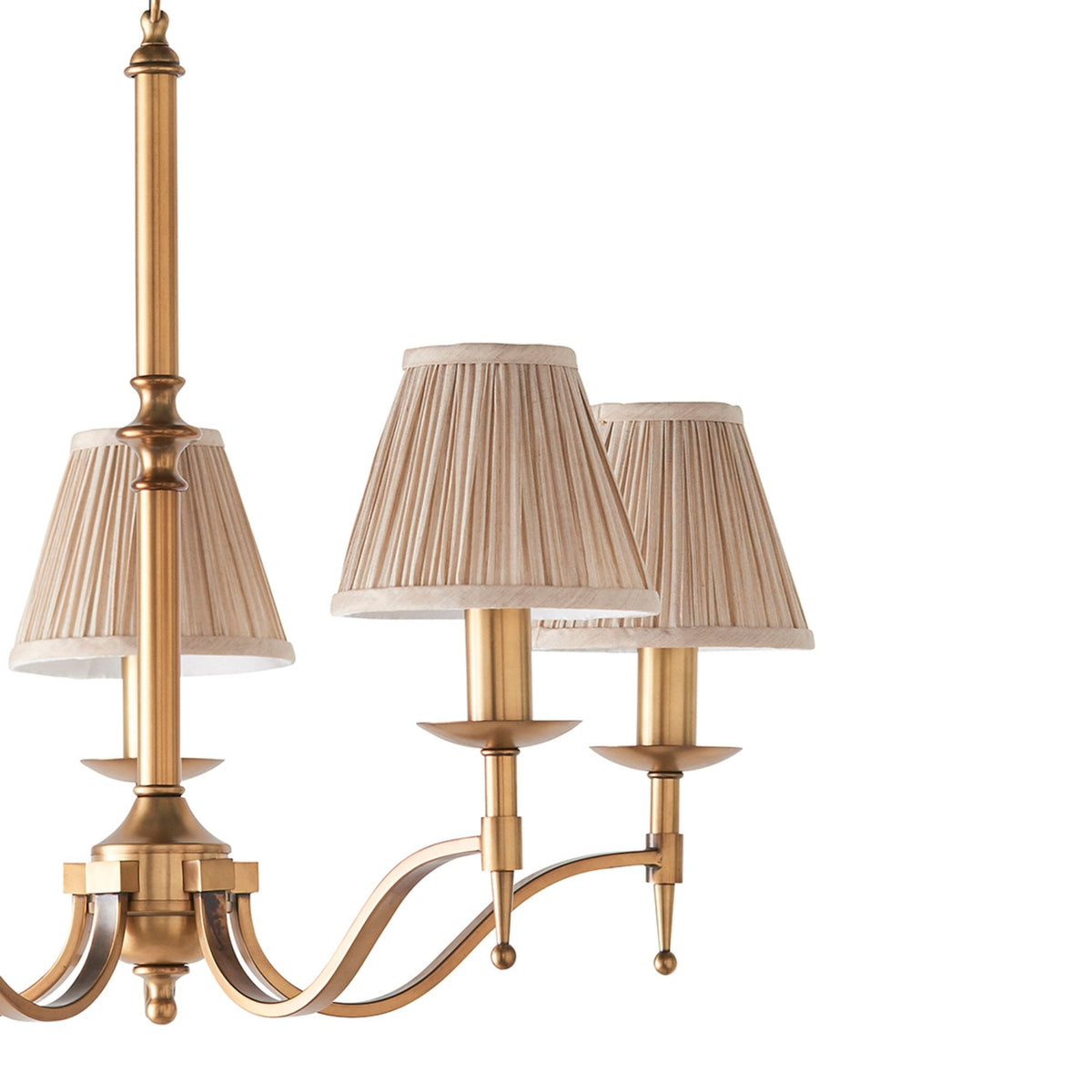 Stanford Five Light Pendant In Antique Brass With Beige Fabric Shades