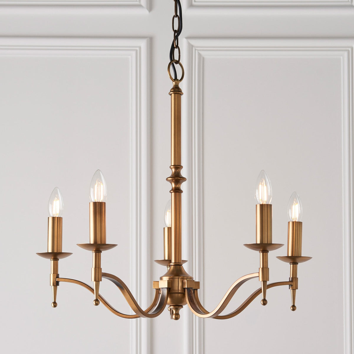 Stanford Five Light Pendant In Antique Brass With Beige Fabric Shades